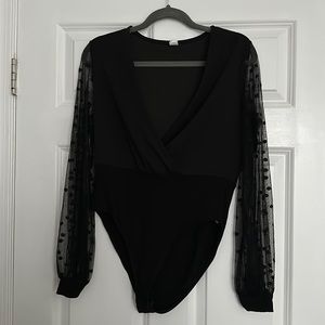 Deep VNeck with Sheer Polka Dot Sleeves Bodysuit
